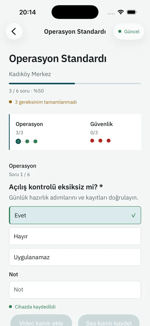 Teftiş Go mobil uygulamasında Kadıköy Merkez Operasyon Standardı Denetiminin yürütme ekranı